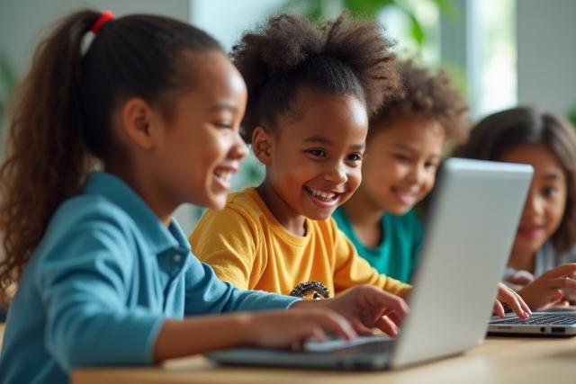 أطفال سعداء يتعلمون البرمجة على أجهزة الكمبيوتر