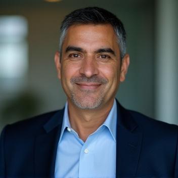 صورة احترافية للمدرب أحمد منصور يبتسم بلطف مع أطفال يبرمجون في الخلفية.