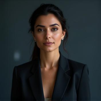 صورة احترافية للمدربة سارة حسن تضحك وهي تشرح شيئًا لأطفال فضوليين حول شاشة كمبيوتر.