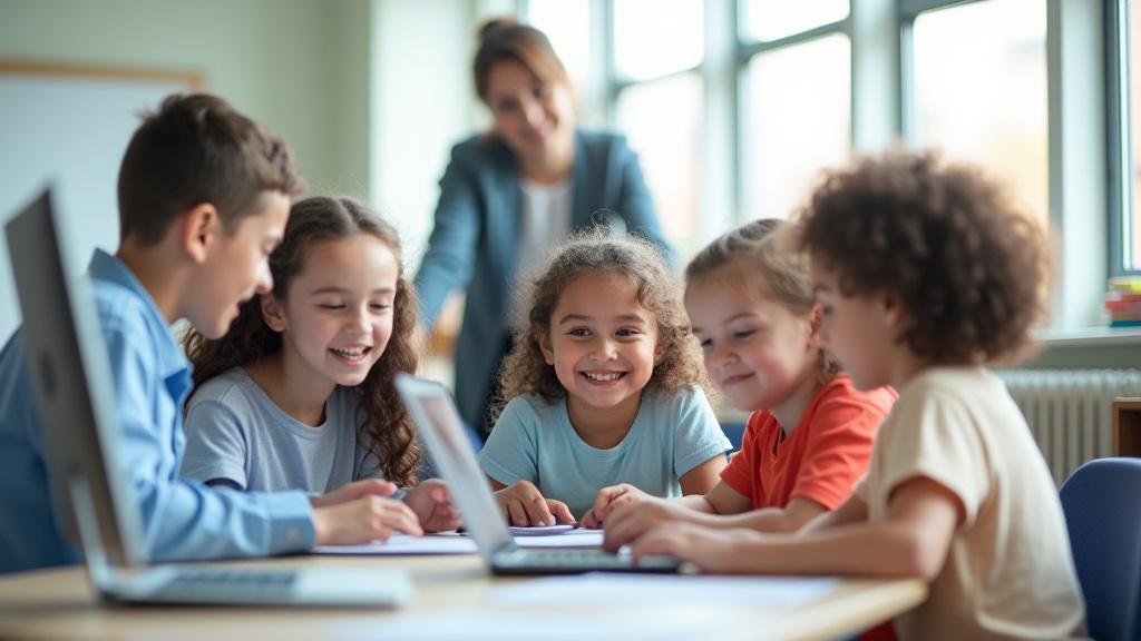 مجموعة من الأطفال والمعلمين يتعلمون البرمجة في بيئة مدرسية حديثة.